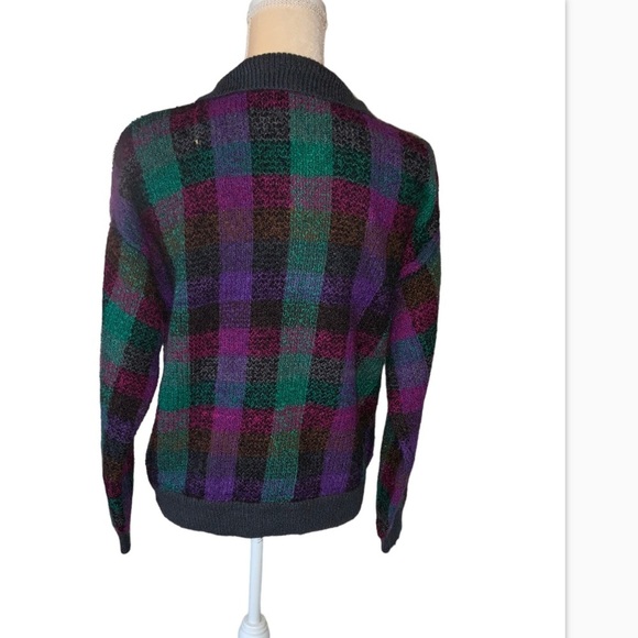 Vintage Country Suburbans Acrylic Checkerboard/Striped Sweater Purple Gray Green - Picture 2 of 9